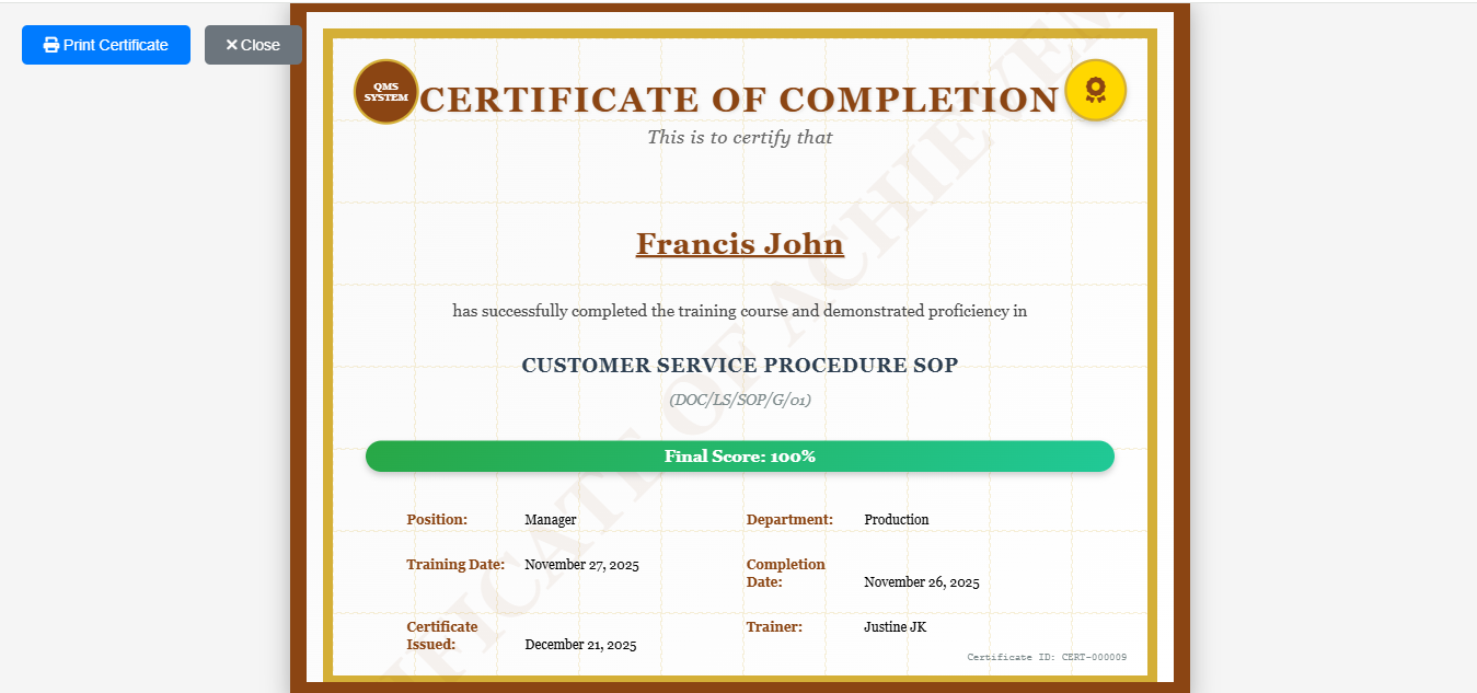 Certificate of Completion